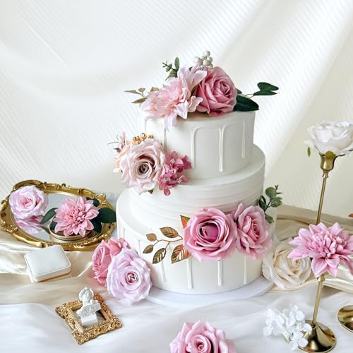Silk Artificial Flowers Combo Box Set Dusty Pink Roses Gold Flowers Blush Pink Bridal Wedding Bouquets Cake DIY Fake Floral with Stems Arrangements Baby Shower Party Table Centerpieces Home Decor - color: Dusty Rose Gold