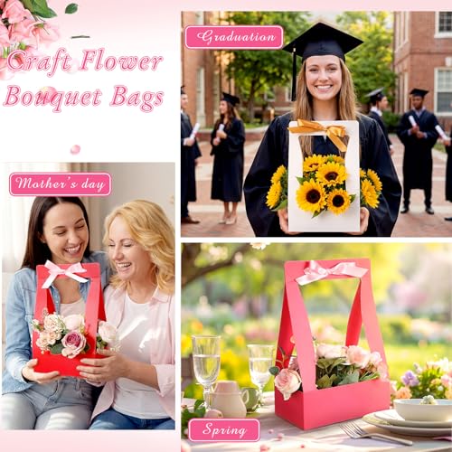 Teling 12 Pcs Mother's Day Flower Boxes for Arrangements Paper Multicolor Flower Gift Bag for Bouquet Portable Waterproof Floral Box with Handle for Wedding Floral Bar Mom Party Decor Florist Supplies - color: Red, Rose Red, Pink, White
