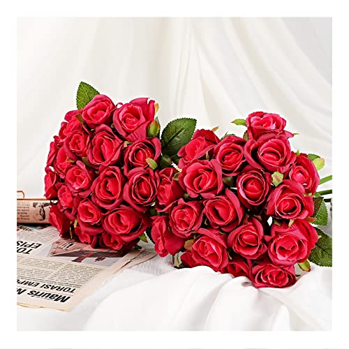 ZMZQ&flw 2 Bouquet Artificial Flowers 36 Heads Silk Red Roses Fake Flowers Single Stem for Outdoor Bridal Wedding - color: Red 36pcs