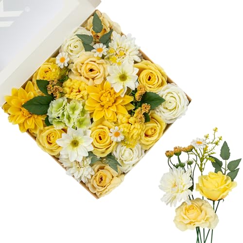 FANKO Artificial Flowers for DIY, Yellow Faux Flowers Bouquet, Fake Rose Dahlia Daisy Cosmos Silk Flowers for Vase, Home Decor, Garlands, Garden Wedding, Party, Birthdays - color: Cream Yellow