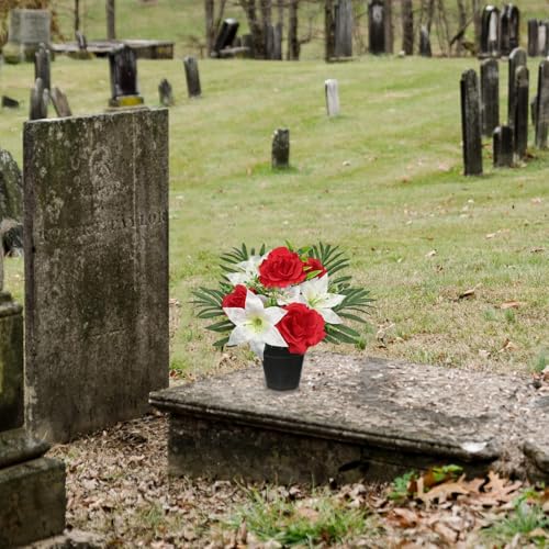 Hollyone Artificial Cemetery Flower for Graves, White Red Faux Lily Rose Flowers in Pot Silk Cemetery Memorial Flowers for Outdoors Gravesites Headstones Home Decoration - color: Red & White-rose Lily