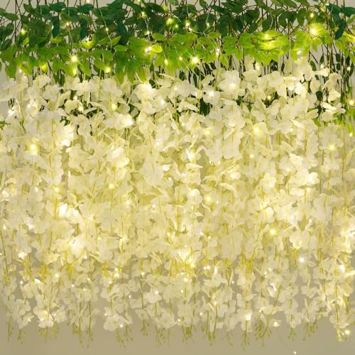 60 Pack White Wisteria Hanging Flowers, Fake Hanging Flowers for Decoration, Artificial Hanging Flowers, Vines for Bedroom, Flower Garland for Home, Party, Garden, Wall, Wedding Decoration(3.6 Ft/Pcs) - color: White, size: 60 Pcs