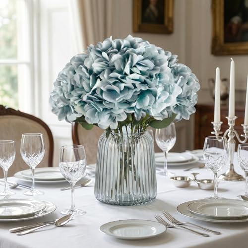 2Bouquets Artificial Fake Flowers Silk Hydrangea Arrangements Wedding Bouquets Decorations Plastic Floral Home Kitchen Garden Party Festival Bar DIY(Ice Blue) - color: Ice Blue, 5 Flower Heads
