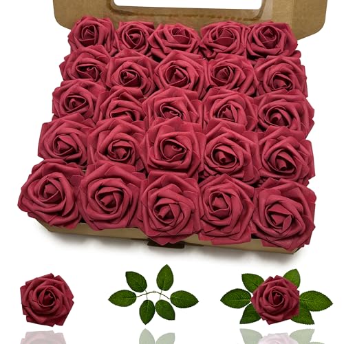 Artificial Roses Flowers 25Pcs Real Touch Roses with Stem Foam Fake Roses for DIY Wedding Bouquets Centerpieces Arrangement Party Baby Shower Home Decorations (Red) - color: Red
