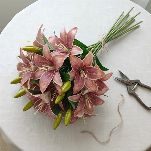 ATFL Artificial Lilies Flowers,9 Pcs Faux Lily Flowers,16''Tiger Lily Branches with 2 Full Blooms and 1 Bud,Faux Fake Lilies Plants for Wedding Bouquet Floral Arrangements (9, Brown) - color: Brown