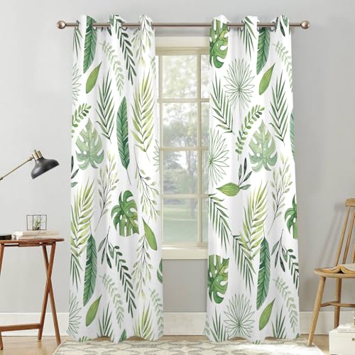 Renaiss Green Leaf Blackout Curtains, Tropical Safari Plants Patterned Thermal Insulated Bedroom Window Curtains, Eucalyptus Botanical Window Curtains for Kitchen, 45" L x 29" W 2 Panel Set - color: Green & White, size: 29"W x 45"L (Pack of 2)