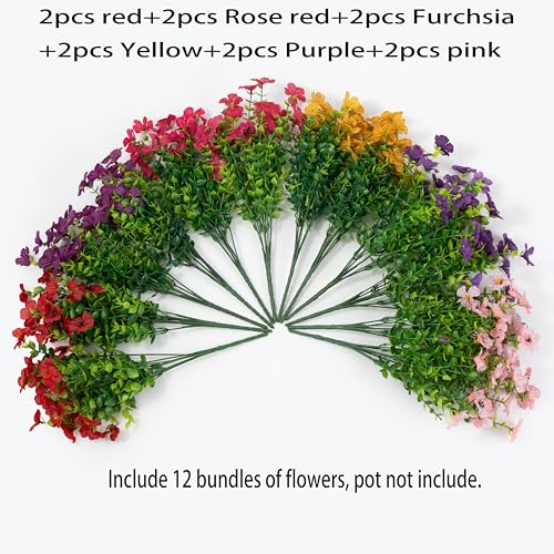 Artificial Flowers for Outdoor Indoor Garden Home Decoration, Faux Flower Daisy with Eucalyptus Leaves Fake Plants Greenery Boxwood Porch Patio, 12 Bundles - color: 6 Multicolor