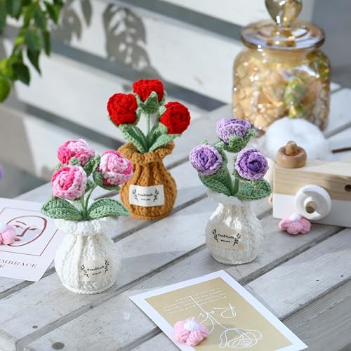 Crochet Rose Flower Potted Plant – Purple, Valentines Day Gift for Her, Handmade Knitted Romantic Desk Decor - color: D-rose-purple