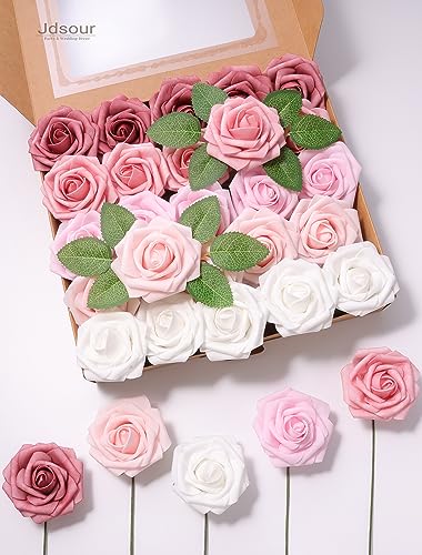25pcs Artificial Flower，Real Looking Foam Roses w/Stem for DIY Wedding Bouquets Centerpieces Bridal Shower Party Decor-Shades of Dusty Pink - color: Shades of Dusty Pink