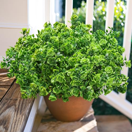 HyeFlora Artificial Plants for Outdoors Outside Spring Summer Decoration, 12 Bundles Faux Green Plastic Leaves Stems Bulk Fake Greenery Look Real UV Resistant for Home Porch Patio Planter Yard Wedding - color: Green Leaf Rose