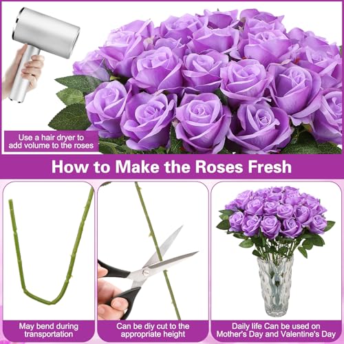 150 Pcs Roses Artificial Flowers, Silk Purple Artificial Flowers Petals Long Stem Roses for Wedding Bouquet Home Party Decor - color: Purple