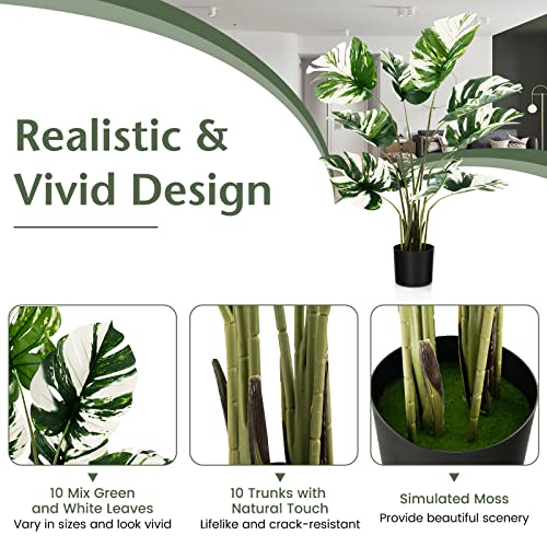 Goplus 4ft Artificial Monstera Deliciosa Plant, 2 Pack Tall Fake Tropical Palm Tree in Pot with 10 Decorative Split Leaves, Faux Swiss Cheese Plant for Floor Home Office Living Room Decor