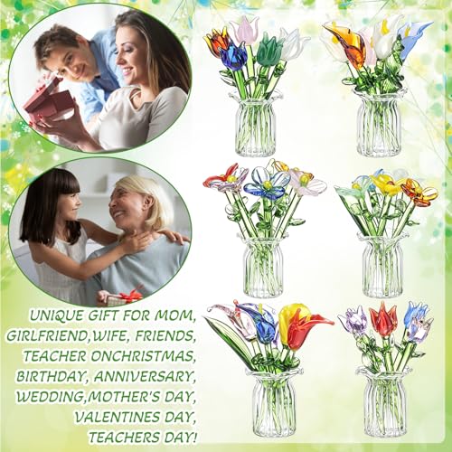 FoldTier 42 Pcs Mini Glass Flower Decoration Hand Blown Glass Flower Figurines Collectible Ornaments with Vase for Mothers Day Birthday Table Centerpiece Garden DIY Craft(Style 1) - style: Mixed