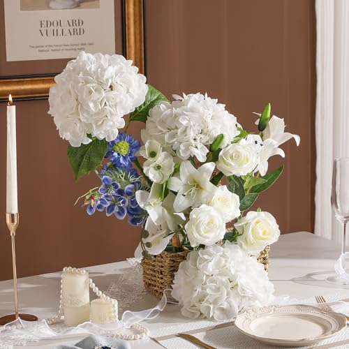 Nubry 3Pcs White Hydrangea Artificial Flowers, 22.5In Latex Faux Real Touch Large Hydrangea Flowers with Long Stems & Leaves for Home Office Decor Wedding Party Arrangements(White) - color: White, size: 3 Pcs