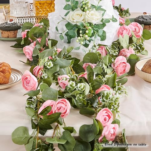PONKING Flower Garland Artificial Rose Vine Flowers Hanging Fake Roses Vines for Wedding Birthday Party Valentines Christmas Room Wall Arch Decor, 2 Pink Floral Garland Decorations - color: 2" Flower Pink Vines 5.4ft