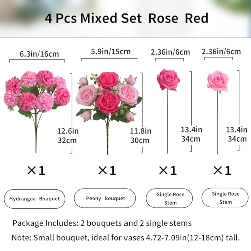 4 Pcs Mixed Artificial Peony Flowers Set-2 Bouquets & 2 Stems, Small Pink Fake Peony Rose Hydrangea Flowers for Vase Silk Floral Arrangements for Table Centerpiece Home Wedding Party Bridal Decoration - color: Mixed Pink, size: Mixed 4pcs