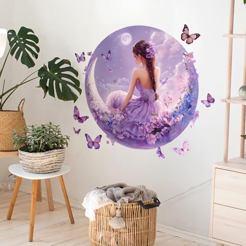 Beautiful Girls Wall Decal for Girls Room Fairy Wall Stickers Peel and Stick Removable Moon Butterfly Flowers Wall Decor for Bedroom Living Room Bathroom Classroom Decorations - style: Beautiful Girls
