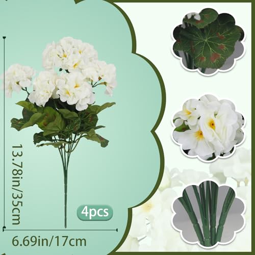 4 Pcs Artificial Geraniums Flowers for Outdoors Silk Geranium Outside UV Resistant White Fake Plants Faux Flowers for Outdoor Planters Pot Garden Patio Porch Window Courtyard Indoor Home Decor - color: White