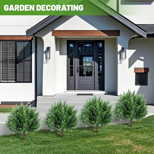 Artificial Cedar Topiary Ball Trees, 4 Pack Artificial Shrubs Bushes with Ground Spike, UV Resistant Fake Plants for Christmas Porch Decor - color: 4 Pack 23" Cedar