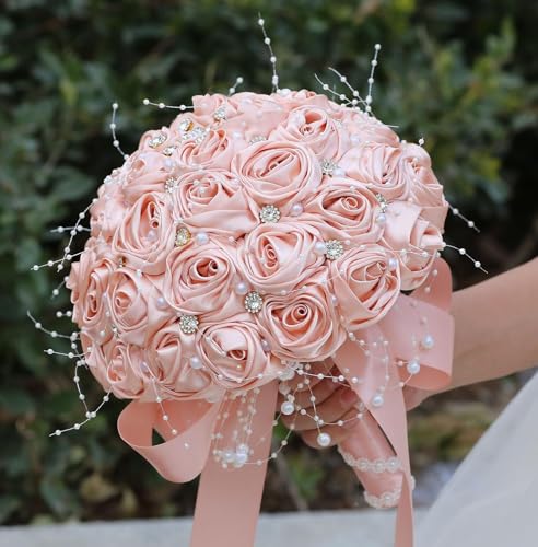 Ujicde Romantic Wedding Bouquet Bridal Bridesmaid Round Bling Brooch Bouquet Throw Toss Artificial Rose Flower Bunch with Sparkle Rhinestone Crystal Decoration(Peach Pink,Dia. 6.3"*16cm) - color: Peach Pink, size: Dia. 6.3"*16cm