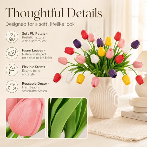 MACTING 30PCS Artificial Tulip Flowers 13.7" Fake Flowers Real Touch Faux PU Tulips Bouquet for Floral Arrangement Table Centerpieces Home Indoor Summer Mothers Day Decorations,Multi Colors-2 - color: Mix Color2