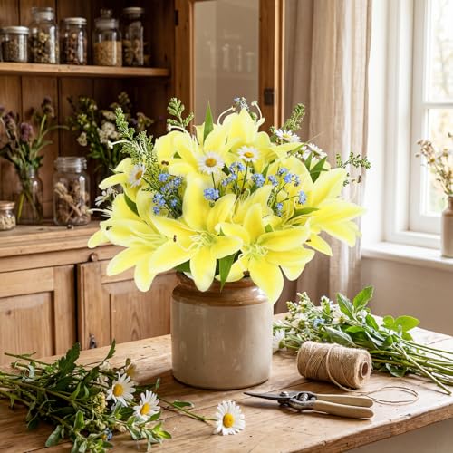 20Heads Yellow Fake Lily Artificial Flowers 4 Bundles Silk Lilies with Stems Easter Lily Faux Flowers for Wedding Party Home Table Decor Indoor Graves Arrangements (Yellow) - color: Yellow