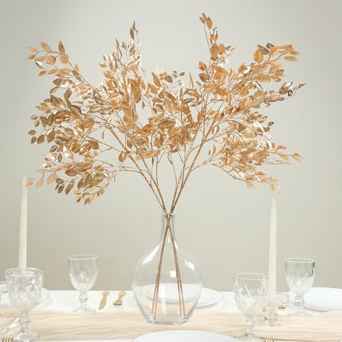 Efavormart 4 Pack 33 inch Metallic Gold Artificial Italian Ruscus Leaves Stems, Tall Plastic Greenery Branches for Stately Vase Fillers and Floral Centerpieces - color: Type12