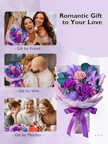 Eterfield Flowers for Delivery Prime, Mother's Day Forever Flowers Bouquet, Preserved Roses and Purple Flowers Birthday Gifts for Her Women Wife Mom Grandma Anniversary Valentines Day Christmas - color: Purple