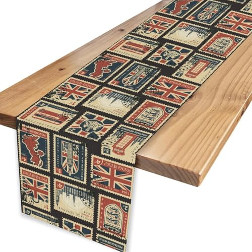 British Stamp Table Runner, Vintage England Buildings London Culture Element Retro Coffee Table Center Decor for Home Kitchen Dining Patio Holiday Party Table Decorations 13x36 inches - color: Tr-england05, size: 13x36" Table Runner