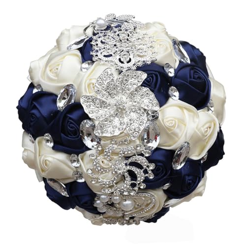 Wedding Bouquets Crystal Satin Rose Bride Bridal Bouquet Romantic Bridesmaid Holding Flower for Valentine's Day Confession Party Church Decor (Navy Creamy) - color: Navy Creamy