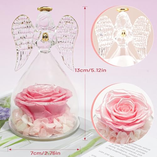 Miofula Gifts for Mom Birthday Gifts for Women, Preserved Flowers Rose in Glass Angel Figurines, Fresh Flowers for Delivery Anniversary Forever Real Roses Gifts for Mothers Grandma Her Wife Girlfriend - color: Pearlescent Pink