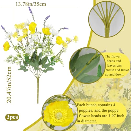 CISDUEO 3Pcs Artificial Wildflowers Flowers Silk Spring Floral Stems Arrangement Yellow Poppies Flowers Daisies and Lavender Faux Wild Flower for Party Indoor Home Vase Wedding Table Summer Decoration - color: Yellow, Purple, Green
