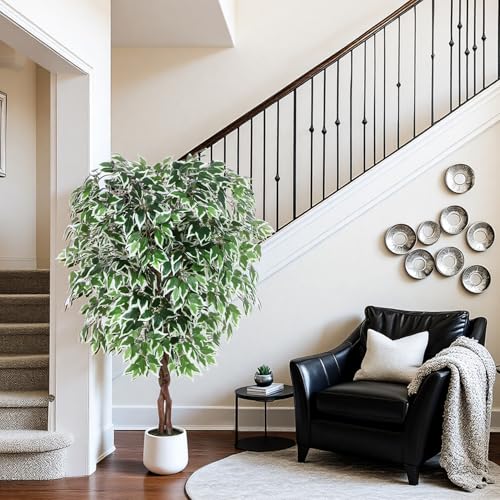 Jocoevol 5FT Artificial Ficus Tree, Tall Faux Trees Indoor with White Planter, Dried Moss, Natural Silk Leaves & Trunk, Fake Plants for Home Living Room Office Corner Decor Housewarming Gift - color: White Border, size: 5ft