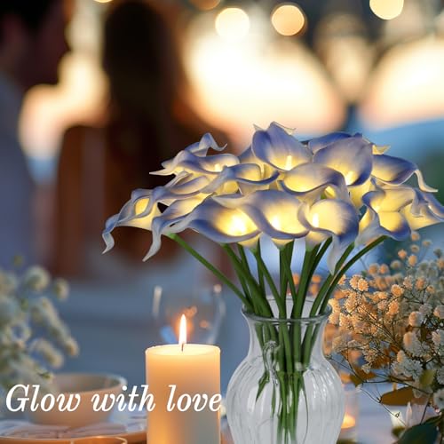 20pcs Lighted Artificial Calla Lily Bouquet Lamp Faux Floarl Night Light Real Touch Flower Night Lamp LED Calla Lily lighted Artificial Flower for Holiday Gifts Home Kitchen Decor(Light Blue, No Vase) - color: Light Blue