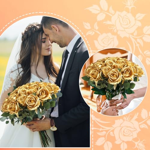 30pcs Fake Roses Artificial Silk Flowers Long Stems Bouquet for Wedding Bridal Shower Party Home Decoration (Gold) - color: Gold