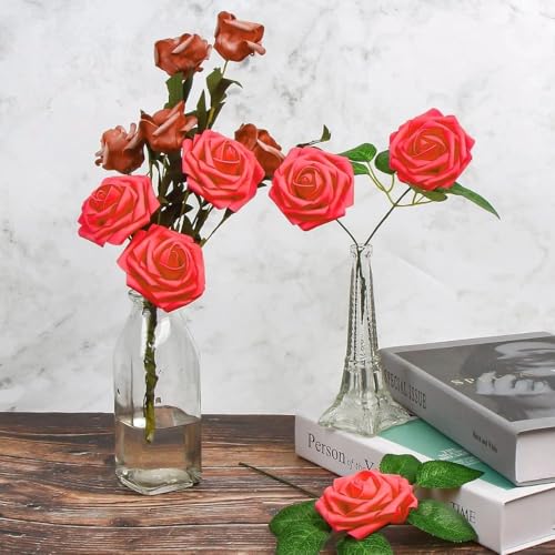 Artificial Fuchsia Foam Roses with Stems & Leaves - Pack of 50, Perfect for Wedding Centerpieces, Event Decor, DIY Bouquets, and More - color: Fuchsia