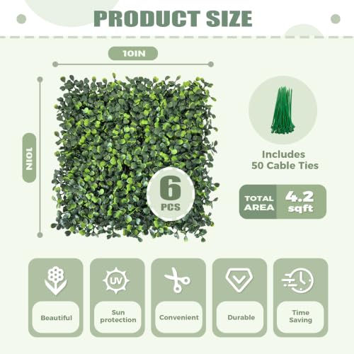 TTTM Artificial Grass Wall Backdrop Panels: 10"x 10" (6P) UV-Anti Greenery Faux Boxwood Hedge Screen for Indoor Outdoor Fake Plants Decor, Privacy Fence, Patio, Balcony, Party Decor - size: 10"X10"-6P