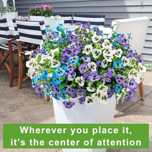 16 Bundles Artificial Fake Pansies Flowers for Outdoors Silk Colorful Pansy UV Resistant Faux Plastic Plants for Outside Planter Front Door Porch Yard Patio Garden Decor (Blue Purple White) - color: Blue Purple White