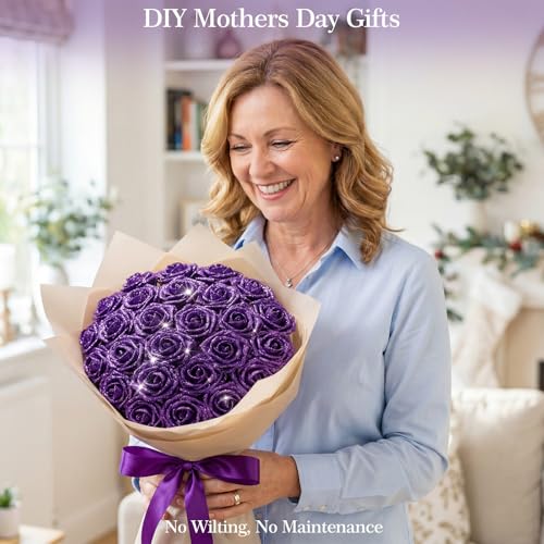 MACTING 30PCS Artificial Rose Flowers Real Touch Foam Roses with Stem Fake Glitter Flowers for DIY Wedding Bouquet Table Centerpieces Party Holiday Wreath Home Spring Mothers Day Decorations,Purple - color: Glitter Purple, size: 30PCS