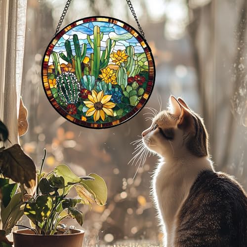 Stained Glass Window Hanging Green Cactus with Yellow Flowers 7.8" - Suncatcher Door Garden Sun Catcher Home Decor Birthday Christmas for Mom Men Woman Friend Nana - color: Yellow-green-blue, size: 7.8x7.8 IN