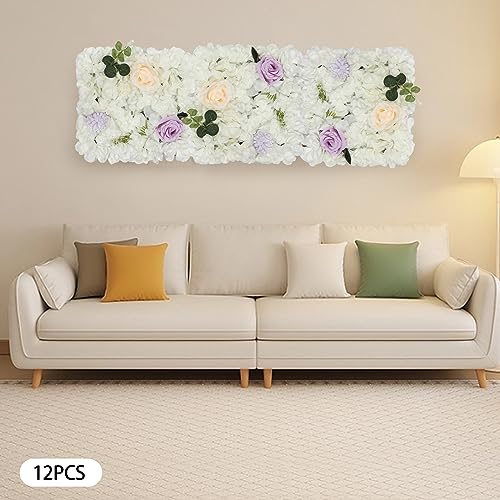 12Pcs Artificial Flower Wall Panel 15" X 15" Flower Wall Decor Backdrop Panels Floral Backdrop Wall Faux Flower Panel for Home Party Wedding Photo Backgdrop Decor (White, Purple) - color: White, Purple