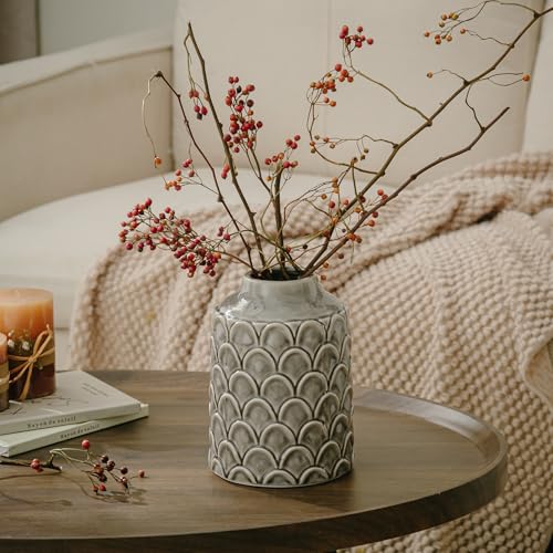 Ceramic Flower Vase, 7.28” Rustic Farmhouse Decorative Vase for Home Decor, Gray Textured Pottery Vase for Pampas Grass, Living Room, Entryway, Mantel, Kitchen Table, Centerpiece - color: 202-grey