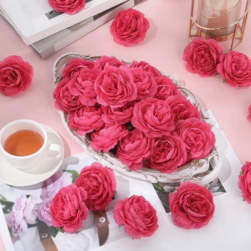 Thiccywoov 50 Pcs Artificial Flowers, 3.2 Inches Silk Rose Head Flowers Fake No Stem for Wedding Bridal Bouquet Home Floral Decor DIY Centerpieces Arrangements Party Tables Decoration(Hot Pink) - color: Hot Pink