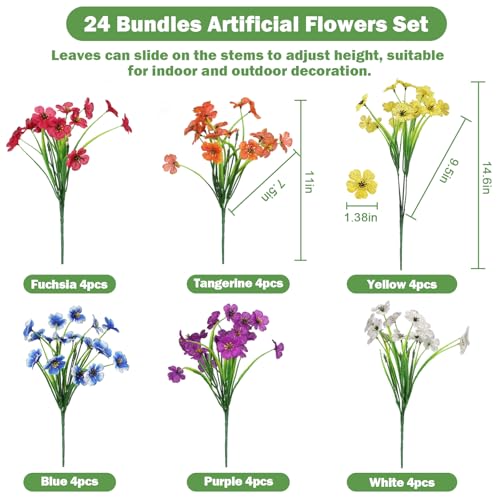 Nepfaivy Fake Outdoor Flowers Uv-Resistant - 24 Bundles 6 Colors Realistic Artificial Flowers, Plastic Faux Flowers for Outdoor Planters, Silk Fake Flowers for Outside to Decor Patio Porch Garden Yard - color: Multi 6 Colors 24pcs