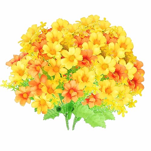 6 Bundles Silk Daisy Mums Artificial Fake Flowers UV Resistant Outdoors Decorations Faux Flowers for Thanksgiving Garden Porch Front Door Window Box Hanging Planters (Orange) - color: Orange