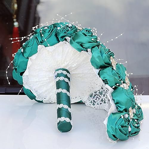 Handmade Satin Rose Water Drop Bridal Bouquet,8.7inch Crystal Wedding Round Tossing Bouquet,Jewelry Proposal Bridesmaid Bouquet Groom Corsage Bride Wrist Flower Ivory (DarkGreen) - color: Darkgreen