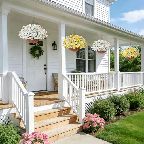 INSPRING Artificial Faux Hanging Flowers Plants Basket for Outdoors, UV Resistant White Fake Silk Morning Glory Realistic Petunia Outdoor Hanging Flowers for Outside Patio Porch Garden Home Decor - color: White
