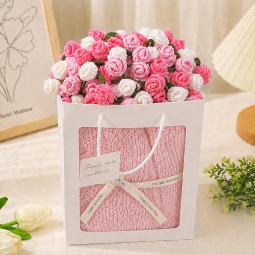 Crochet Flower Bouquet Throw Blanket, Cute Romantic Gift for Her Girlfriend Mom Mother’s Day Valentine Wedding Anniversary Birthday (Pink, 60 inches) - color: Pink, size: 60 inches