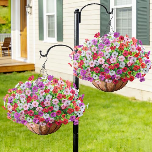 2 Pack Artfiticial Hanging Flowers Baskets for Outdoors, UV Resistant Faux Hanging Plants, 24 Pcs Fake Silk Flowers for Patio Garden Front Porch Balcony Decor (Mix 4 Colors) - color: Mix 4 Colors