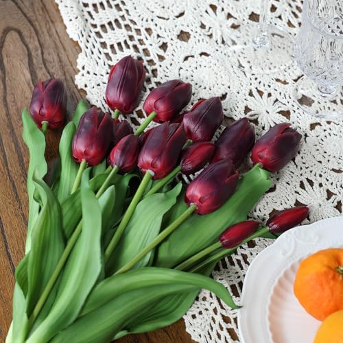 mizii 15Pcs Burgundy Tulips Artificial Flowers Latex Plastic Real Touch Fake Tulips Flowers Look Real Faux Tulip Flower Bouquet Decoration for Vase Room Table Centerpieces Home Decor (Burgundy) - color: Burgundy
